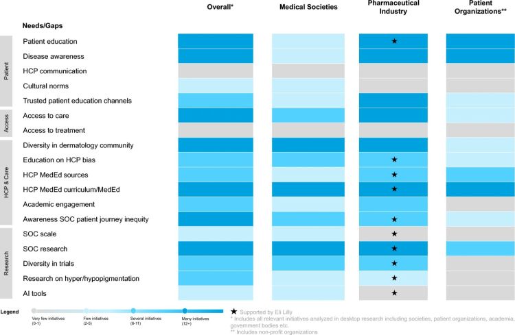 SOC-related initiatives arising from the literature search and grouped by societies, industry, and patient organizations. AI artificial intelligence, HCP healthcare professional, MedEd medical education, SOC skin of color