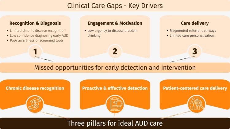 Clinical care gaps key drivers - 3 pillars for ideal AUD care Clinical care gaps key drivers - 3 pillars for ideal AUD care